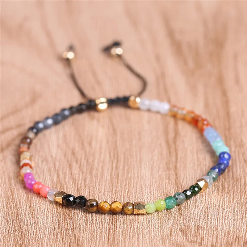 3mm Dainty Faceted Lapis Lazuli Natural Stone Healing Crystal Yoga 7 Chakra Agate Spiritual Adjustable Braided Bracelet Women