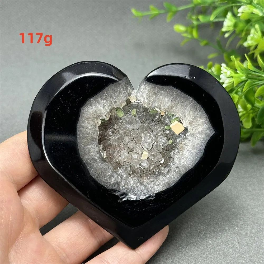Natural Gemstone Black Agate Geode Heart Shaped Crystal Reiki Energy Healing Meditation Witchcraft Home Garden Decoration Exorci