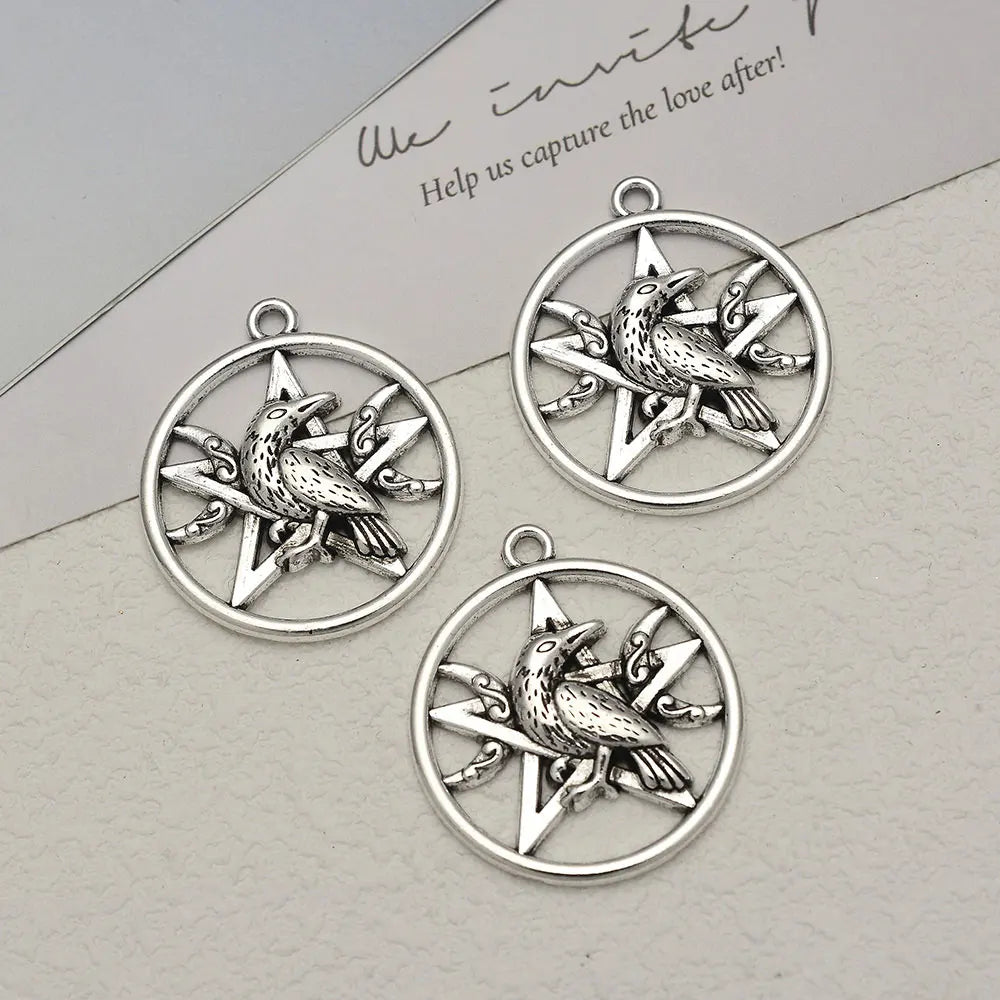 10pcs/Lots 29x32mm Vintage Witch Magic Dark Moon Star Crow Charms Pentagram Raven Bird Pendant For DIY Jewelry Making Supplies