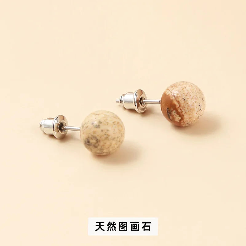 10 pairs Natural Stone Earrings Healing Crystal Quartzs Round Ball Beads Steel Stud Fashion Ear Jewelry for Women Girl Wholesale