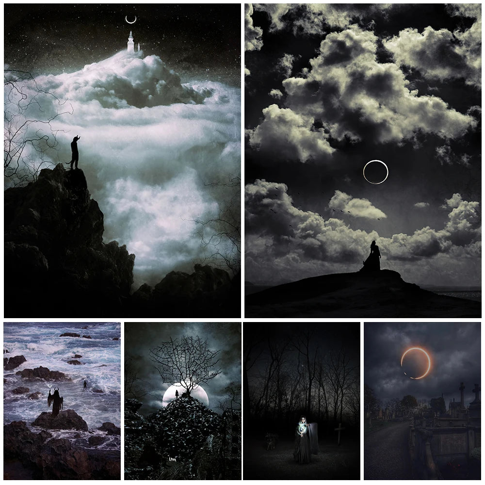 Darkest Night Mysterious Witchcraft Wall Art Canvas Paintng The Moon Witch In The Dark Art Poster And Print Home Decor Unframed