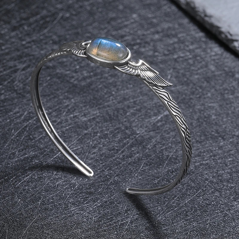 925 Sterling Silver Bracelet Vintage Natural Labradorite Amethyst Adjustable Bangle for Women Fine Jewelry Valentine Day Gift