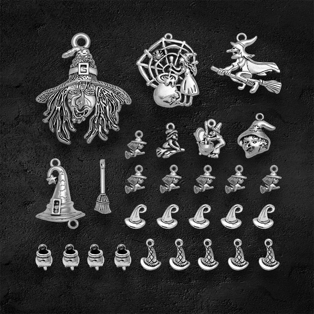 3-40pcs/lot Antique Silver Plated Halloween Charms Witch Cauldron Hat Broom Pendants For Diy Jewelry Making Supplies Accessories