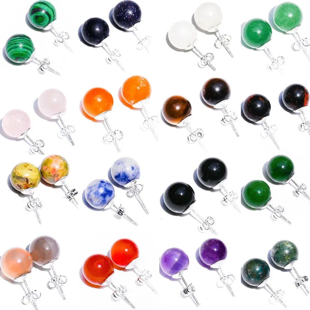 10 pairs Natural Stone Earrings Healing Crystal Quartzs Round Ball Beads Steel Stud Fashion Ear Jewelry for Women Girl Wholesale