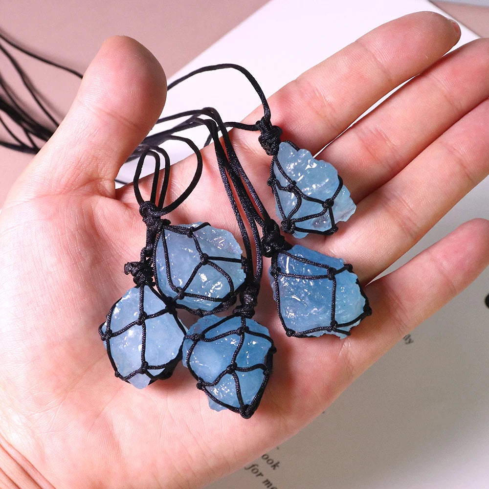 1pc Natural Crystal Aquamarine Raw Unpolished Stone Pendant Necklace Reiki Healing Blue Gem Jewelry Rock Mineral Pendant