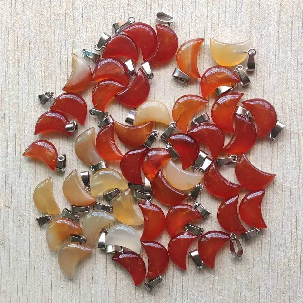 Good quality mix natural stone tiger eye white crystal moon shape pendants for jewelry making Wholesale 50pcs/lot