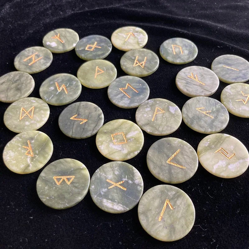 25Pcs Nature Jadestone Runes Stones Viking Rune Symbols Divination Fortune-telling Props Occultism Altar Witchcraft supplies