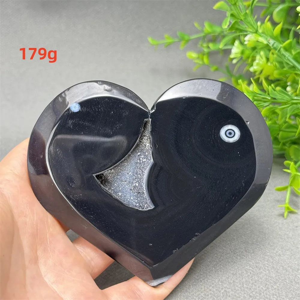 Natural Gemstone Black Agate Geode Heart Shaped Crystal Reiki Energy Healing Meditation Witchcraft Home Garden Decoration Exorci