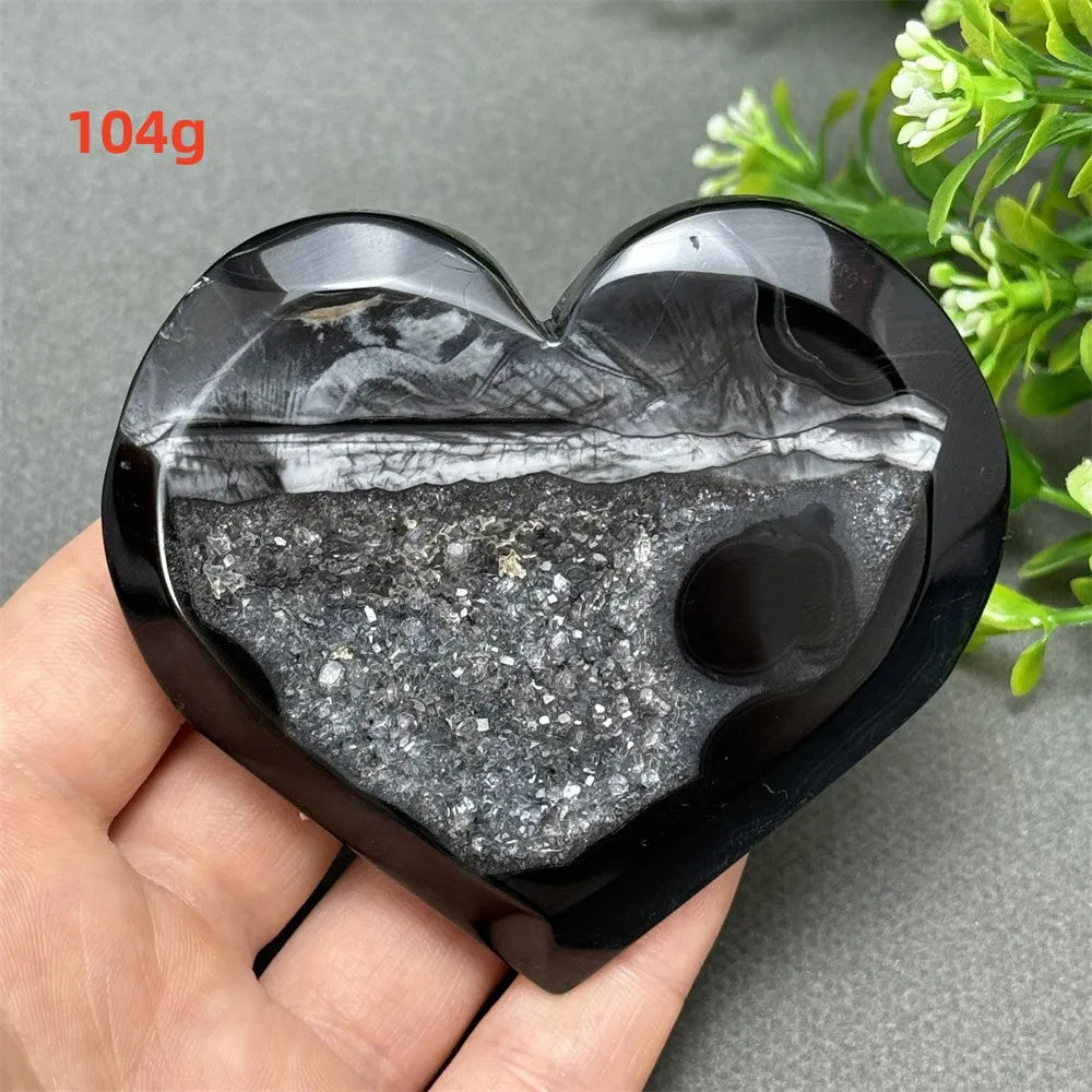 Natural Gemstone Black Agate Geode Heart Shaped Crystal Reiki Energy Healing Meditation Witchcraft Home Garden Decoration Exorci