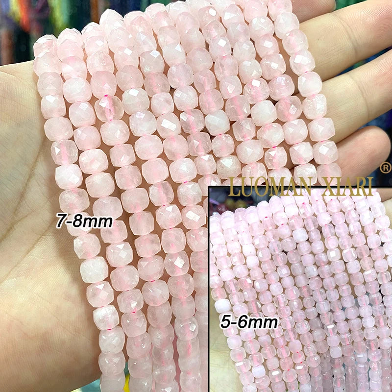 5MM 7MM Faceted Square Natural Stone AA Rose Quartz Loose Cube Spacer Beads for Jewelry Making Diy Bracelets Charms Accessories