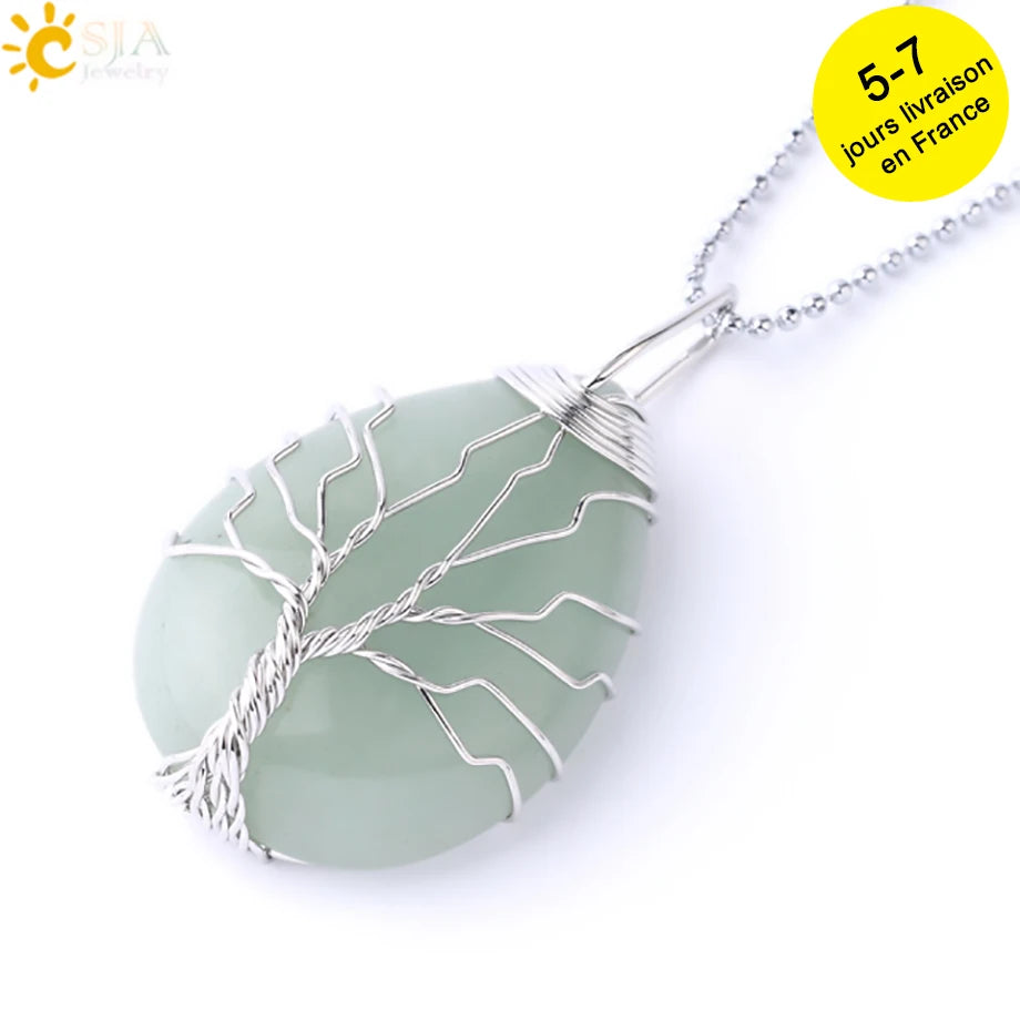 Tiger Eye Tree of Life Crystal Necklace Natural Stone Pendant Wire Wrap Rose Crystals Pink Quartz Amethyst Green Aventurine E585