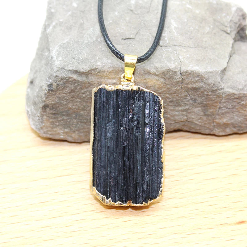 1 Piece Natural Black Tourmaline Necklace Pendant Mineral Specimen Crystal Gem Phnom Penh Raw Stone Craft Pendant Men's Jewelry