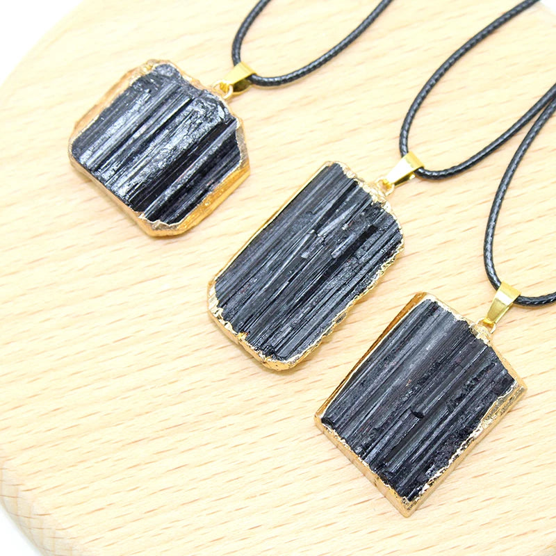 1 Piece Natural Black Tourmaline Necklace Pendant Mineral Specimen Crystal Gem Phnom Penh Raw Stone Craft Pendant Men's Jewelry