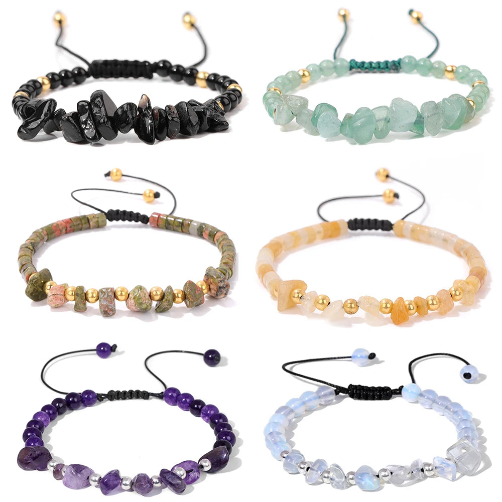 Irregular Natural Gem Crystal Stone Beads Bracelet Braided Obsidian Aventurine Amethysts Aquamarin Opal Chip Bracelets For Women