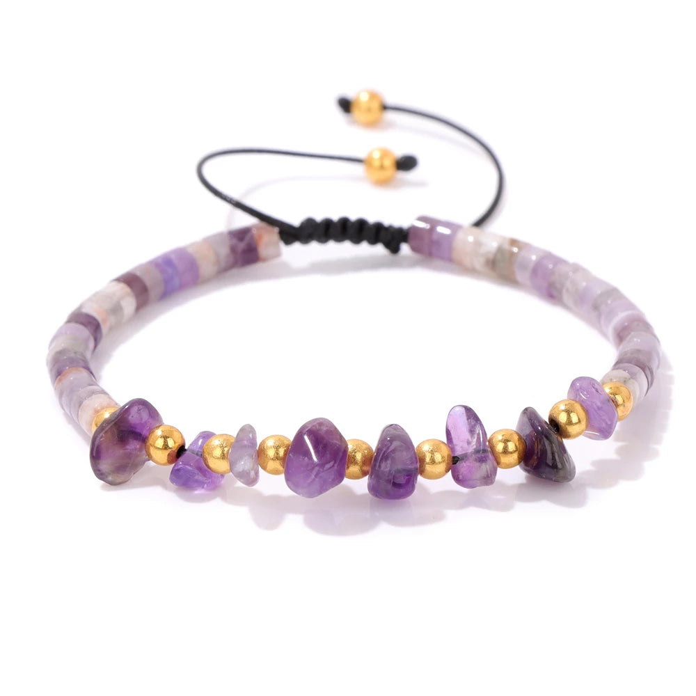 Irregular Natural Gem Crystal Stone Beads Bracelet Braided Obsidian Aventurine Amethysts Aquamarin Opal Chip Bracelets For Women
