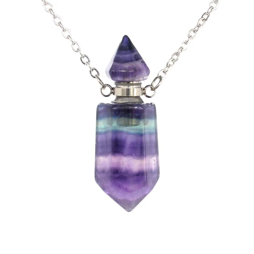 Natural Crystal Stone Perfume Bottle Pendants Necklace Fluorite Rose Pink Quartz Hexagon Point Essential Oil Diffuser Jewelry