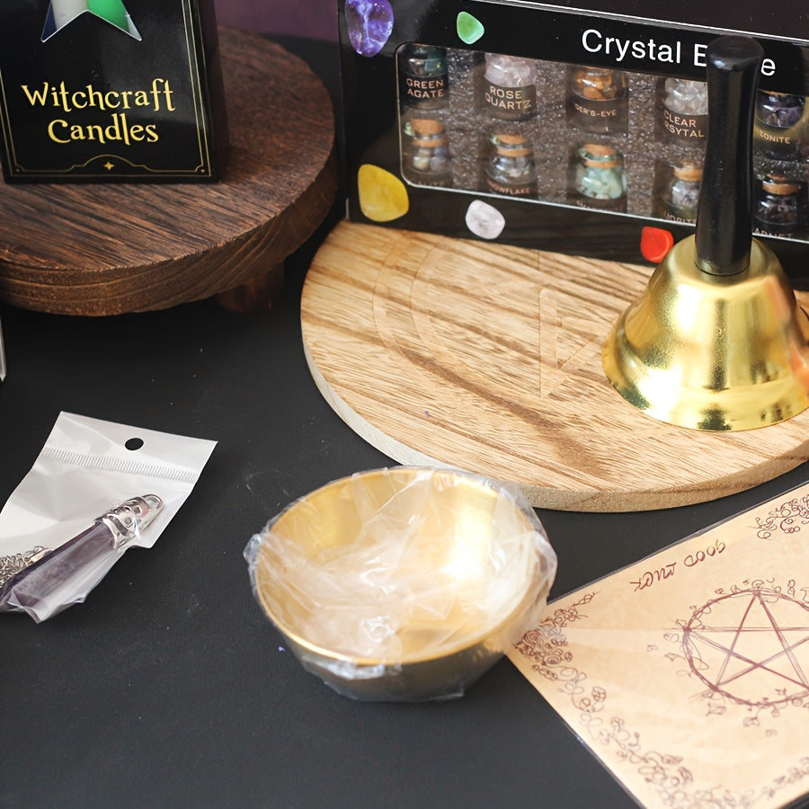 135pcs Witchcraft Starter Kit, Witch Accessories with Candles, Dried Flowers, Amethyst Pendulum, Crystals, Wooden Boards, Parchment Paper, Witch Decoration Magic Candles Wicca Accessories Candles, for Halloween