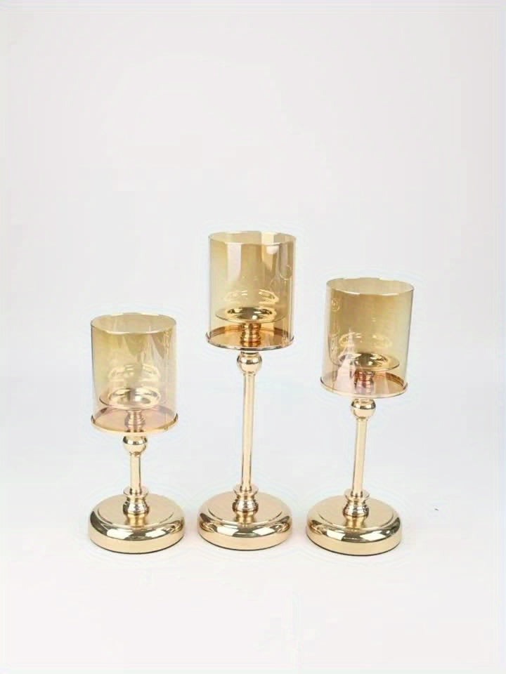 3pcs Elegant Metal And Glass Candle Holders - Romantic Tabletop Decorations for Home, Kitchen, Suitable for Thanksgiving, Hanukkah, Easter, Halloween, Christmas (Candles Not Included)