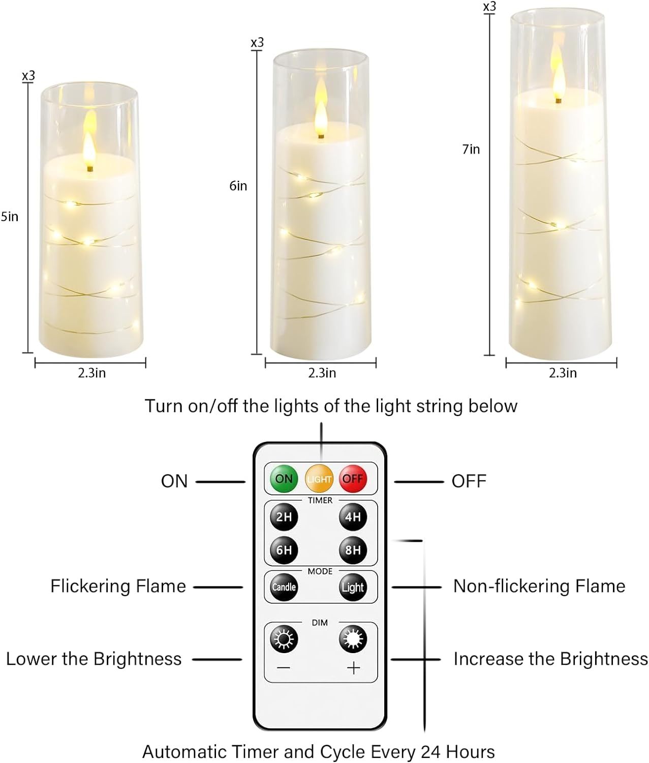 9/12 Flickering Flameless LED Electronic Candles Embedded Star String Lights Acrylic LED Pillar Candle with Remote Control Suitable for Home Decoration Halloween Christmas Decoration to create an ambience Christmas Gifts Vale
