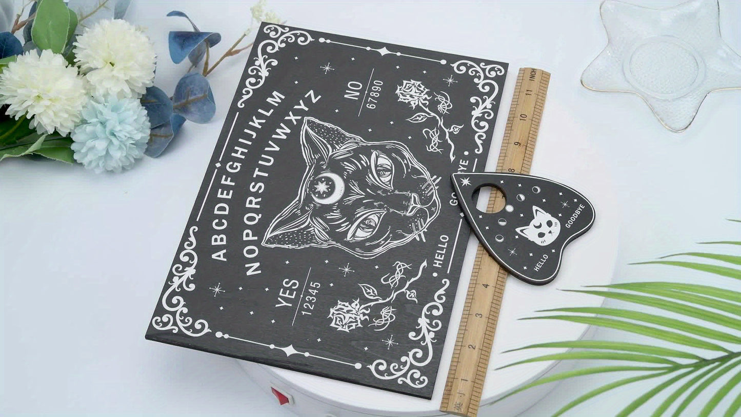1Set Black Cat Wood Spirit Board, Wooden Talking Board Pendulum Board, With Planchette Dowsing Divination Game Kit, Spirit Hunt Meta Ysical Message Decor, Witch Stuff For Wicca Art & Craft Supplies