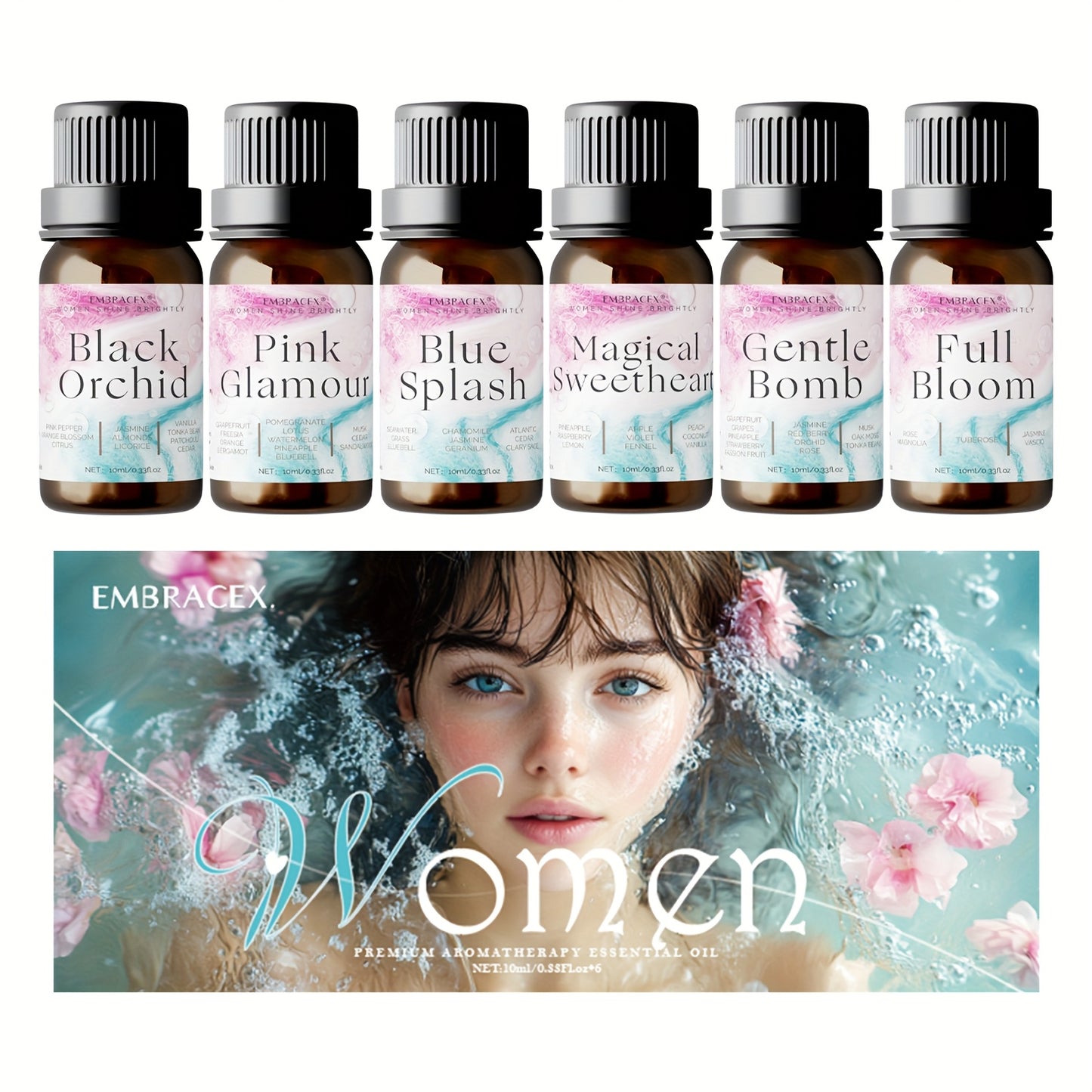 6pcs/1Set Essential Oil Gift Box for Women, Suitable for Home Decor, Fragrance Room Sprays, DIY Scented Candles, Household Air Fresheners, And Aroma Diffusers - Blue Splash, Magical Sweetheart, Pink Glamour, Gentle Bomb, Blac
