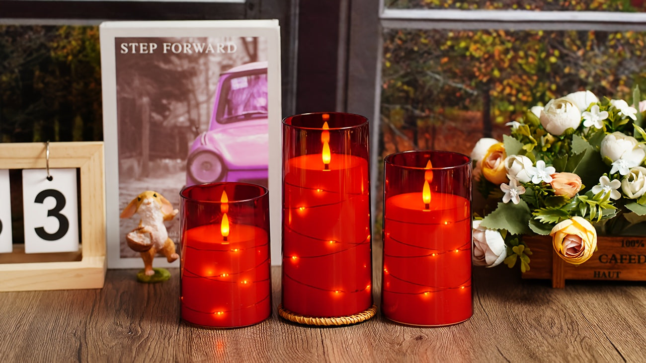 EEBUSS Flameless Candle With Embedded Star String, 3 Battery-Powered Candles (D3×H4"5"6), Flashing LED Candle With Remote Control And Timer. Ideal For Christmas Decorations, Parties, Family Gatherings