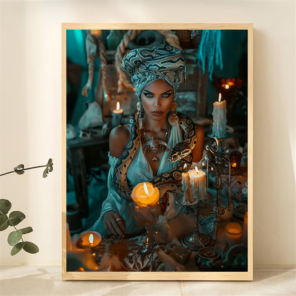 New Orleans Voodoo Queen Wall Art - Gothic Frameless Canvas Painting 12x16 or 16x24 Inches, Mysterious Voodoo Culture Poster with Serpentine Candles, Ornate Jewelry & Snake Motif, Gothic Home Decor for Themed Rooms, Psychothe