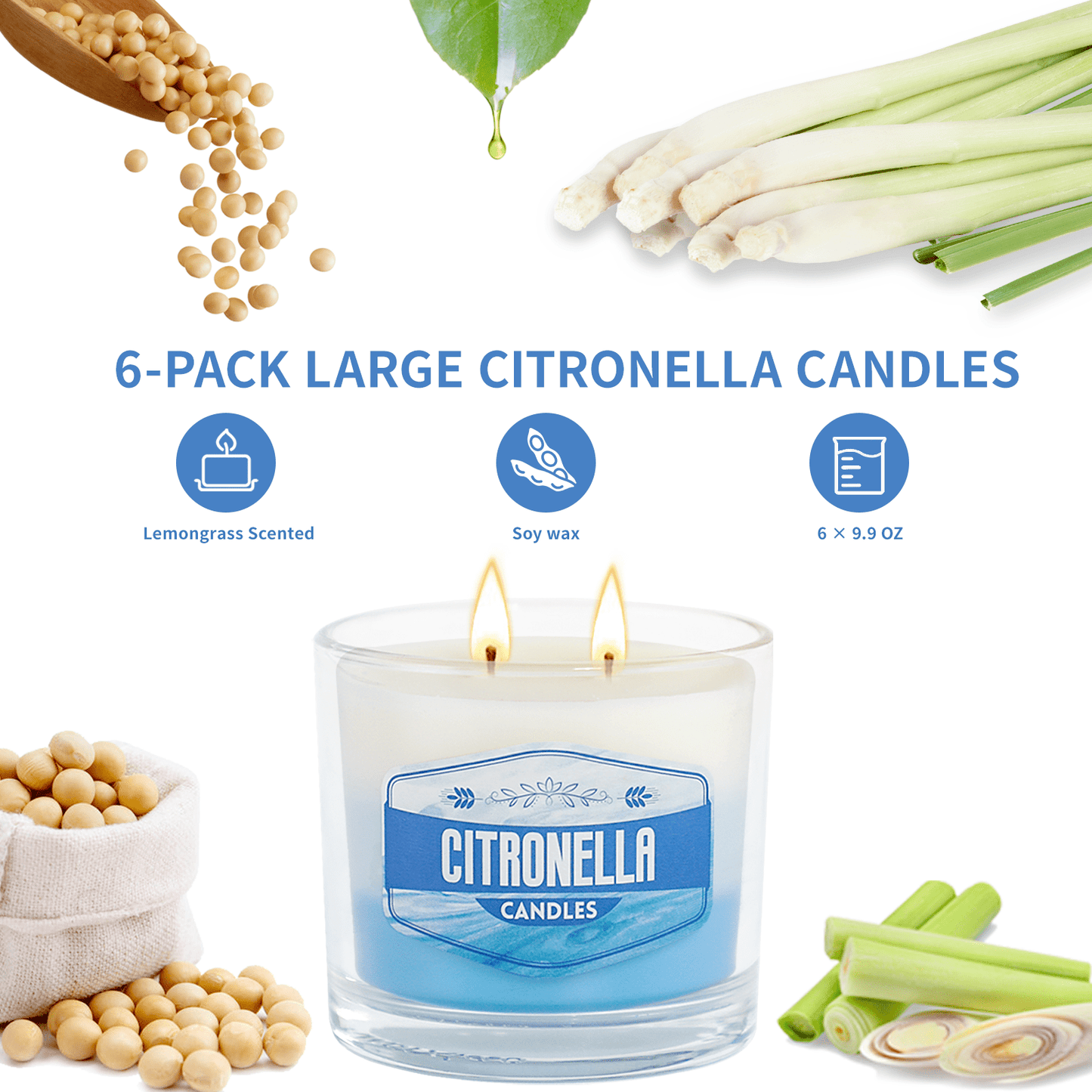 6 Pack Citronella Candles Outdoor, Large Citronella Candle , 60 Oz Fresh Citronella Soy Candle for Home, 450H Long Burn Outside Jar Candles for Yard Garden Balcony Camping Summer