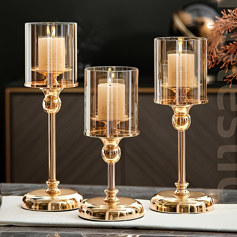 3pcs Elegant Golden Metal & Glass Candle Holder Set, Stainless Steel Glass Cover Candlesticks Holders Table Centerpiece for Wedding Party Birthday Christmas Decor(No Candles), Best for Christmas