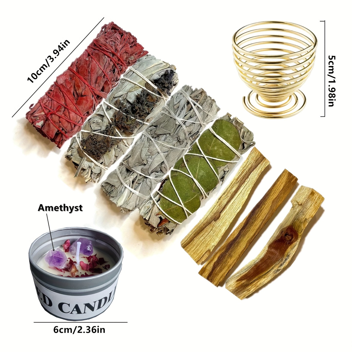 Sage Smudge Kit with Crystals and Candles, 4'' Long, Natural Stone, Elegant Style, for Cleansing Negative Energy and Home Purification, Includes Dragon Blood, White Sage, Eucalyptus, Lavender, and Palo Santo Sticks