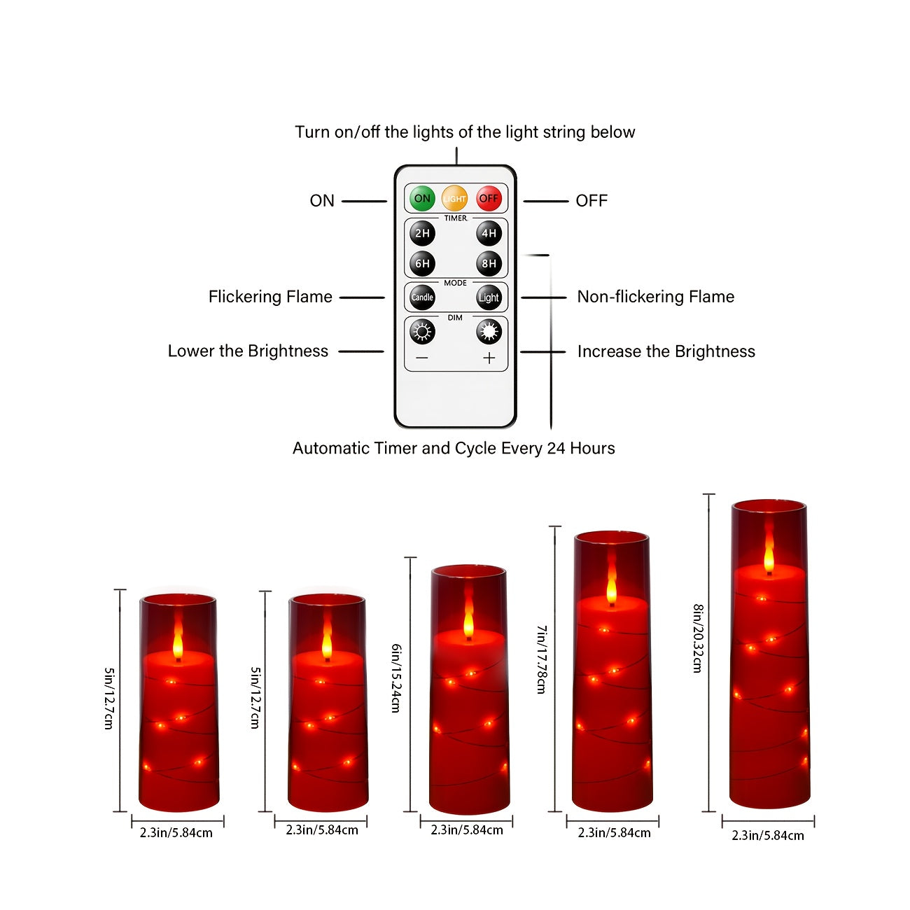 Nimiko 5 LED Flameless Candles (D2.3 * 5 "5" 6 "7" 8 ") Battery Powered Candles, Flickering LED Cylindrical Candles with Embedded Star String, Acrylic LED Cylindrical Candles with Remote Control And Timer, Suitable for Home D