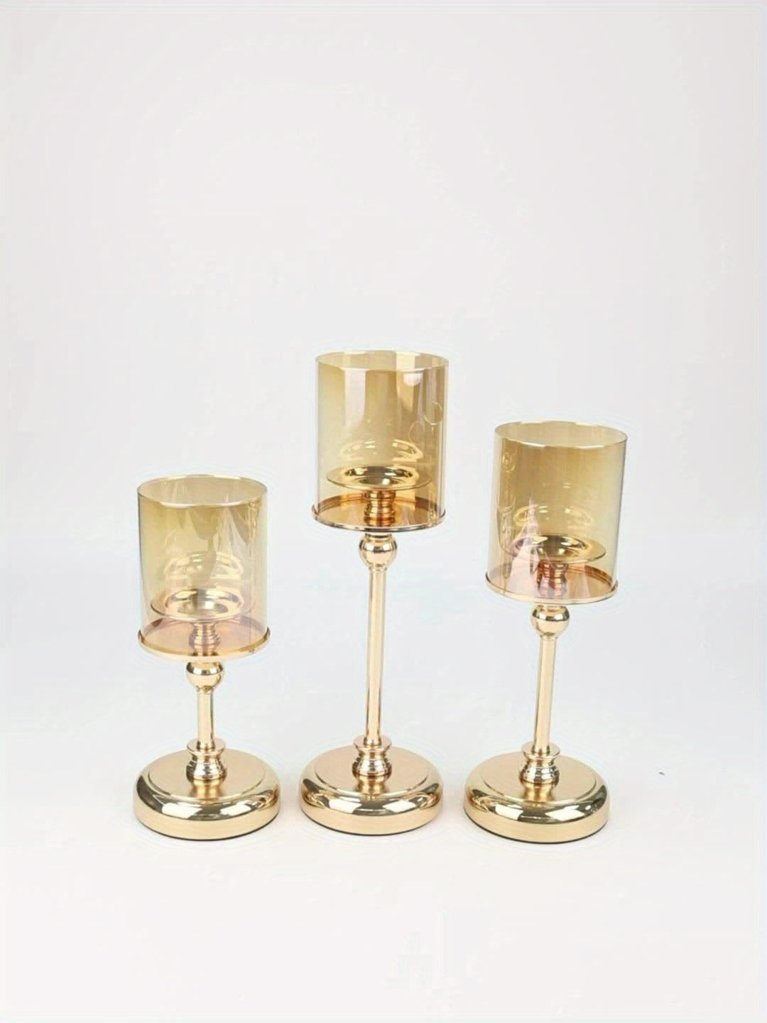 3pcs Elegant Golden Metal & Glass Candle Holder Set, Stainless Steel Glass Cover Candlesticks Holders Table Centerpiece for Wedding Party Birthday Christmas Decor(No Candles), Best for Christmas