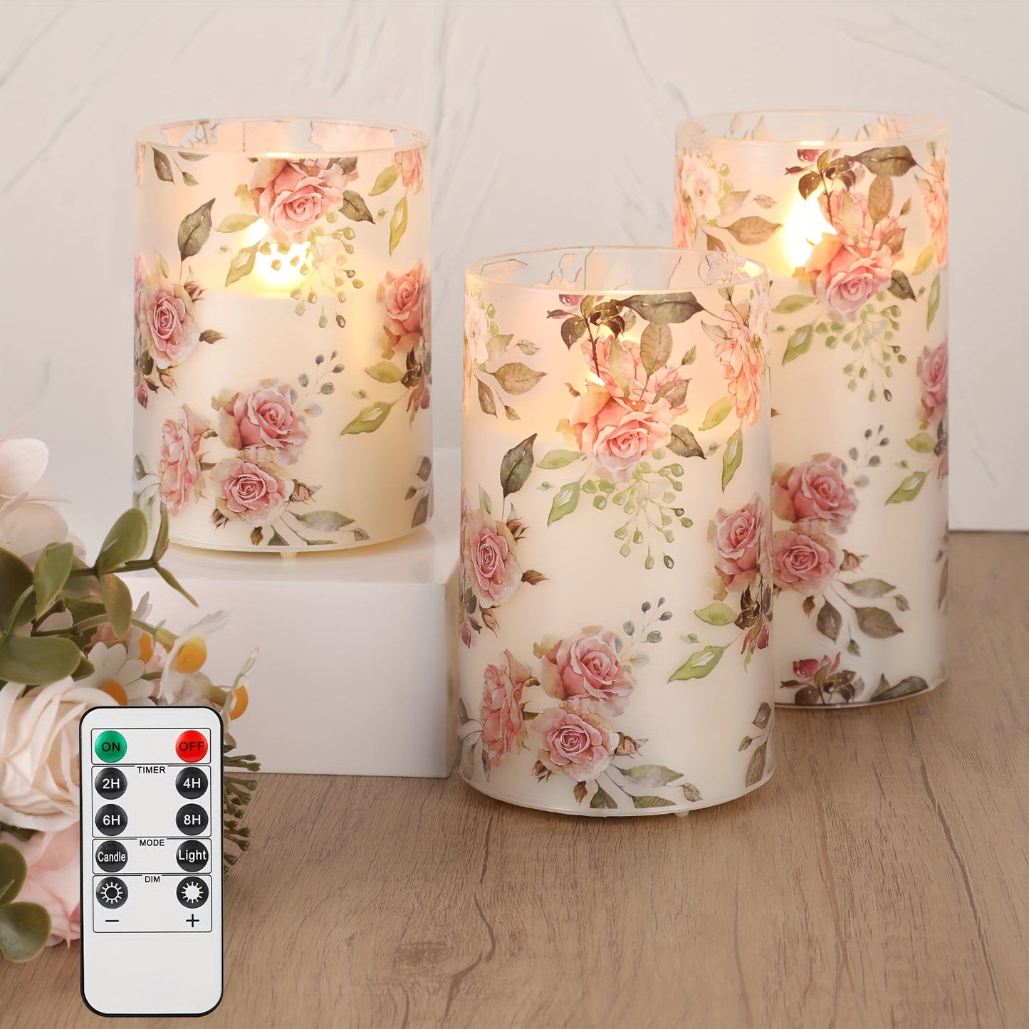3pcs Pink Flameless Candle Lights With Remote Control And Timer, Rose Flower Flickering Plastic Candle Lights, Love Theme Decorative Battery LED Pillar Candles, Valentine'S Day Home Decor Candle Lights, Father'S Day Gift