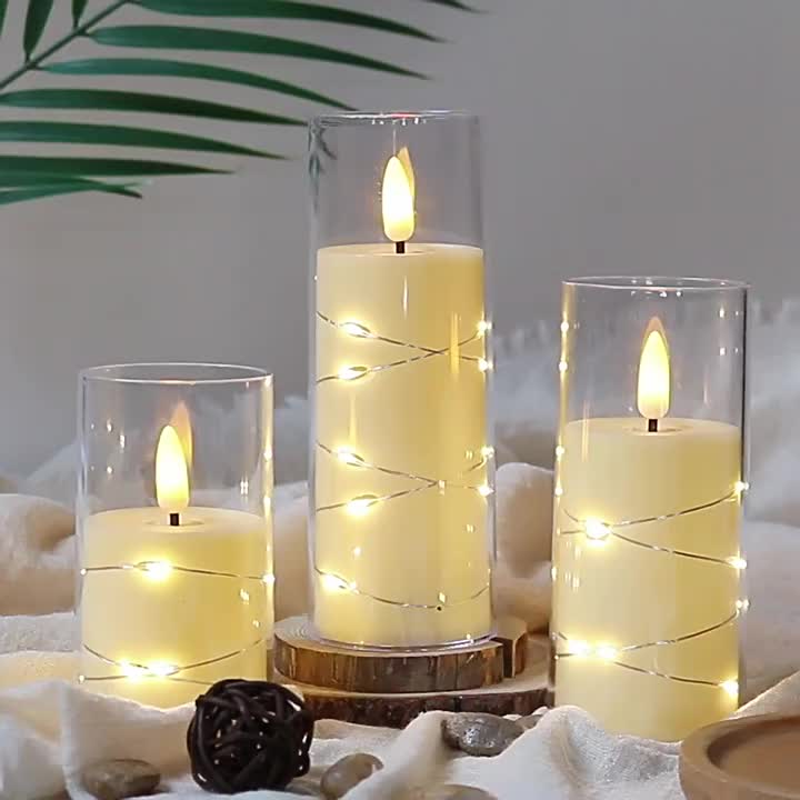 9/12 Flickering Flameless LED Electronic Candles Embedded Star String Lights Acrylic LED Pillar Candle with Remote Control Suitable for Home Decoration Halloween Christmas Decoration to create an ambience Christmas Gifts Vale
