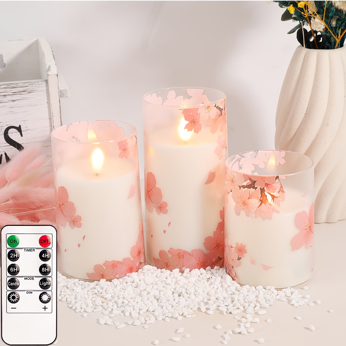 3pcs Pink Flameless Candle Lights With Remote Control And Timer, Rose Flower Flickering Plastic Candle Lights, Love Theme Decorative Battery LED Pillar Candles, Valentine'S Day Home Decor Candle Lights, Father'S Day Gift