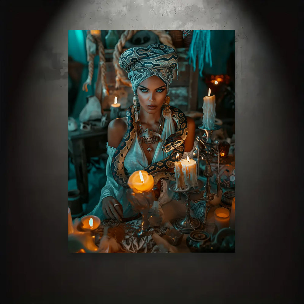New Orleans Voodoo Queen Wall Art - Gothic Frameless Canvas Painting 12x16 or 16x24 Inches, Mysterious Voodoo Culture Poster with Serpentine Candles, Ornate Jewelry & Snake Motif, Gothic Home Decor for Themed Rooms, Psychothe