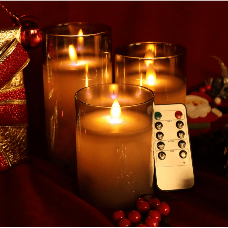 Wax Candle Sets with LED Moving Flame, Battery Operated Candles with Timer and Remote, Gray Glass Effect Candles for Home, Wedding, Festival, and Halloween Decor