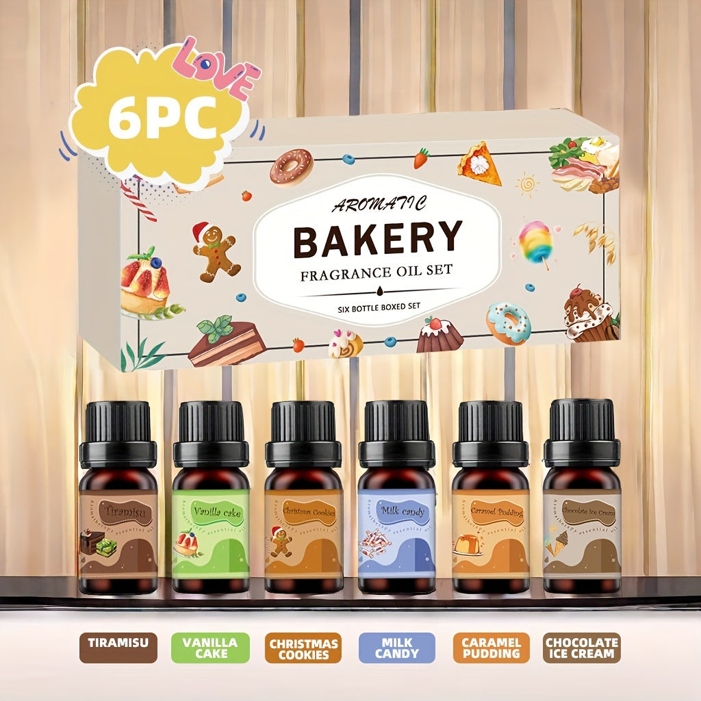 6-Piece Bakery Scented Essential Oil Set - 10ml Each, Aromatherapy Fragrance Oils for Diffusers, Candles, Humidifiers - Relaxing Scents Including Pumpkin Pie, Tiramisu, Vanilla Cake, and More