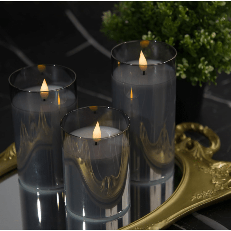 Wax Candle Sets with LED Moving Flame, Battery Operated Candles with Timer and Remote, Gray Glass Effect Candles for Home, Wedding, Festival, and Halloween Decor