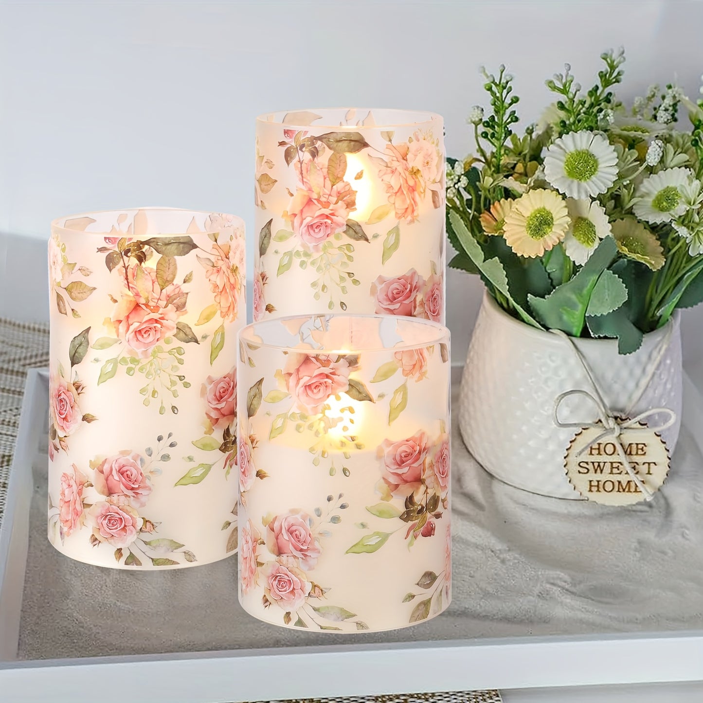 3pcs Pink Flameless Candle Lights With Remote Control And Timer, Rose Flower Flickering Plastic Candle Lights, Love Theme Decorative Battery LED Pillar Candles, Valentine'S Day Home Decor Candle Lights, Father'S Day Gift