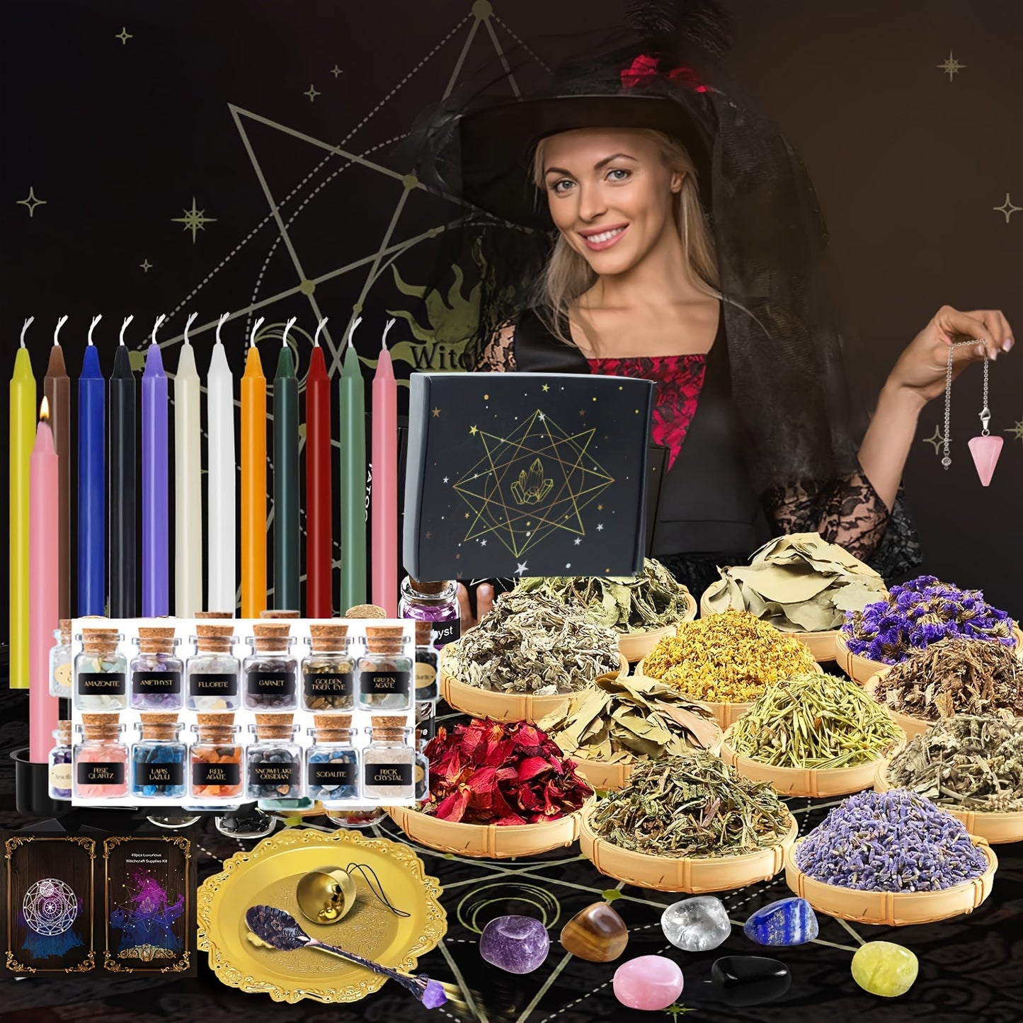 49pcs Witchcraft Starter Kit - Complete Ritual Set with Aromatic Candles, Natural Crystal 7 Chakra, Jars, Herbs, Guided Spells And Essential Tools for Creating A Sacred Witch Altar - Ideal for Beginners And Seasoned Practitio