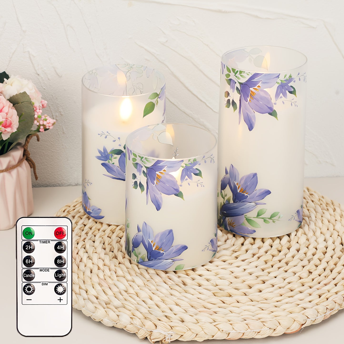 3pcs Pink Flameless Candle Lights With Remote Control And Timer, Rose Flower Flickering Plastic Candle Lights, Love Theme Decorative Battery LED Pillar Candles, Valentine'S Day Home Decor Candle Lights, Father'S Day Gift
