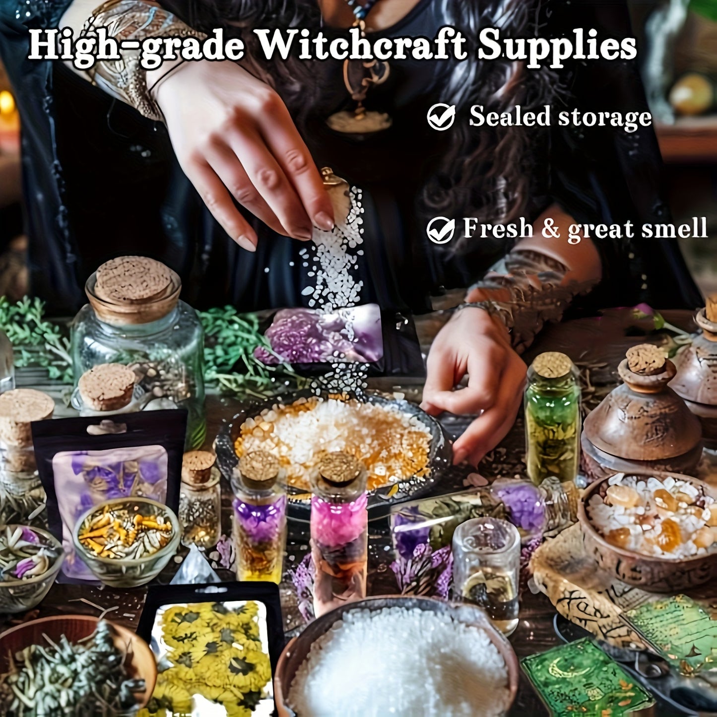 Witchcraft Supplies Wiccan Tools for Beginners - 62 Set Witchy Gifts Starter Kit Box - Crystals for Witchcraft Spell Jars Candles - Spiritual Altar Witch Stuff for Pagan Gothic Room Decor