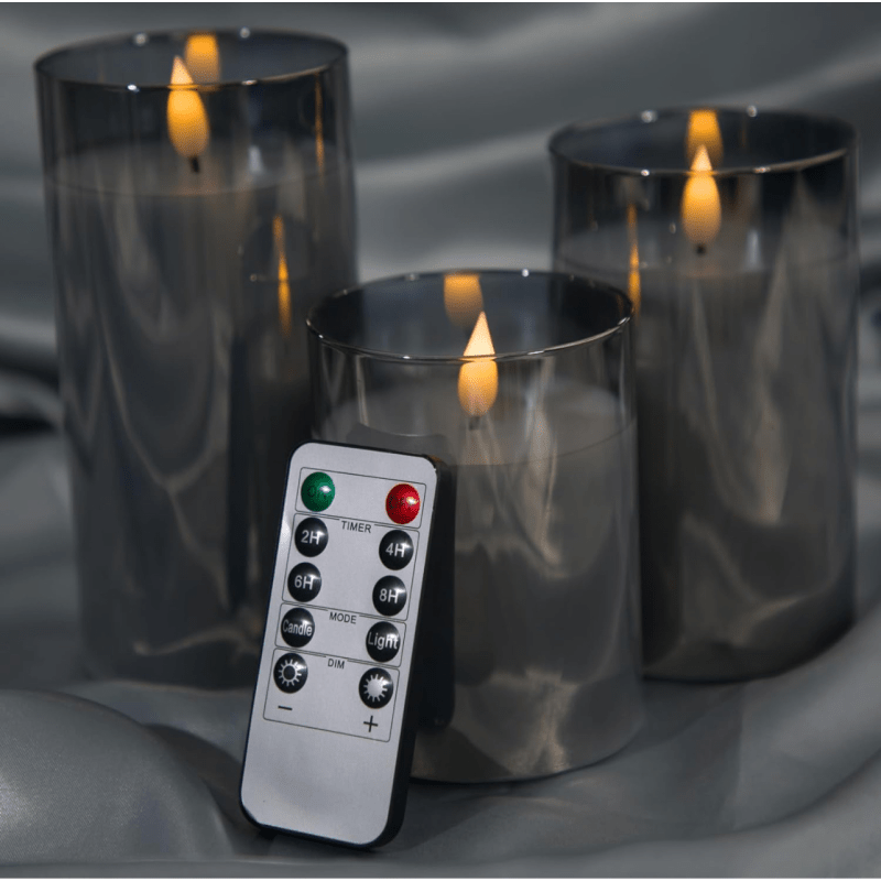 Wax Candle Sets with LED Moving Flame, Battery Operated Candles with Timer and Remote, Gray Glass Effect Candles for Home, Wedding, Festival, and Halloween Decor