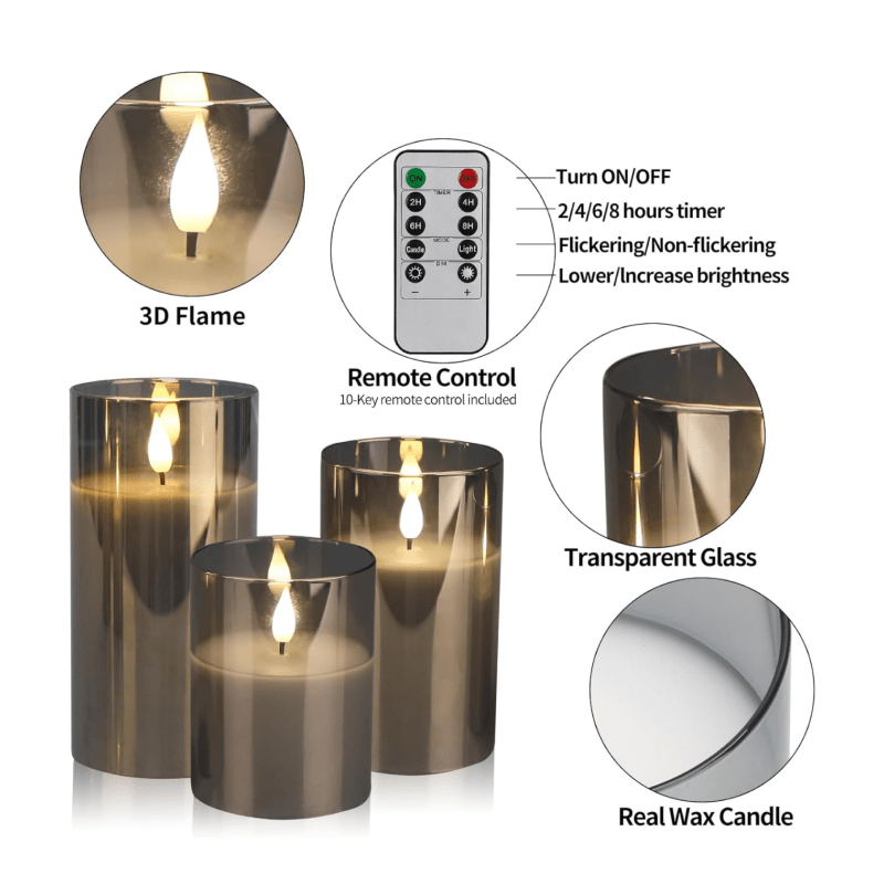 Wax Candle Sets with LED Moving Flame, Battery Operated Candles with Timer and Remote, Gray Glass Effect Candles for Home, Wedding, Festival, and Halloween Decor