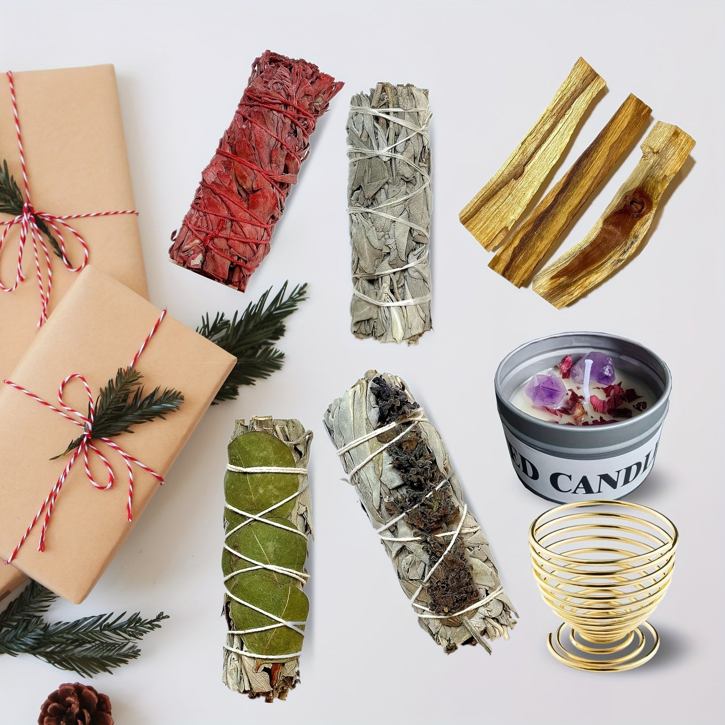 Sage Smudge Kit with Crystals and Candles, 4'' Long, Natural Stone, Elegant Style, for Cleansing Negative Energy and Home Purification, Includes Dragon Blood, White Sage, Eucalyptus, Lavender, and Palo Santo Sticks