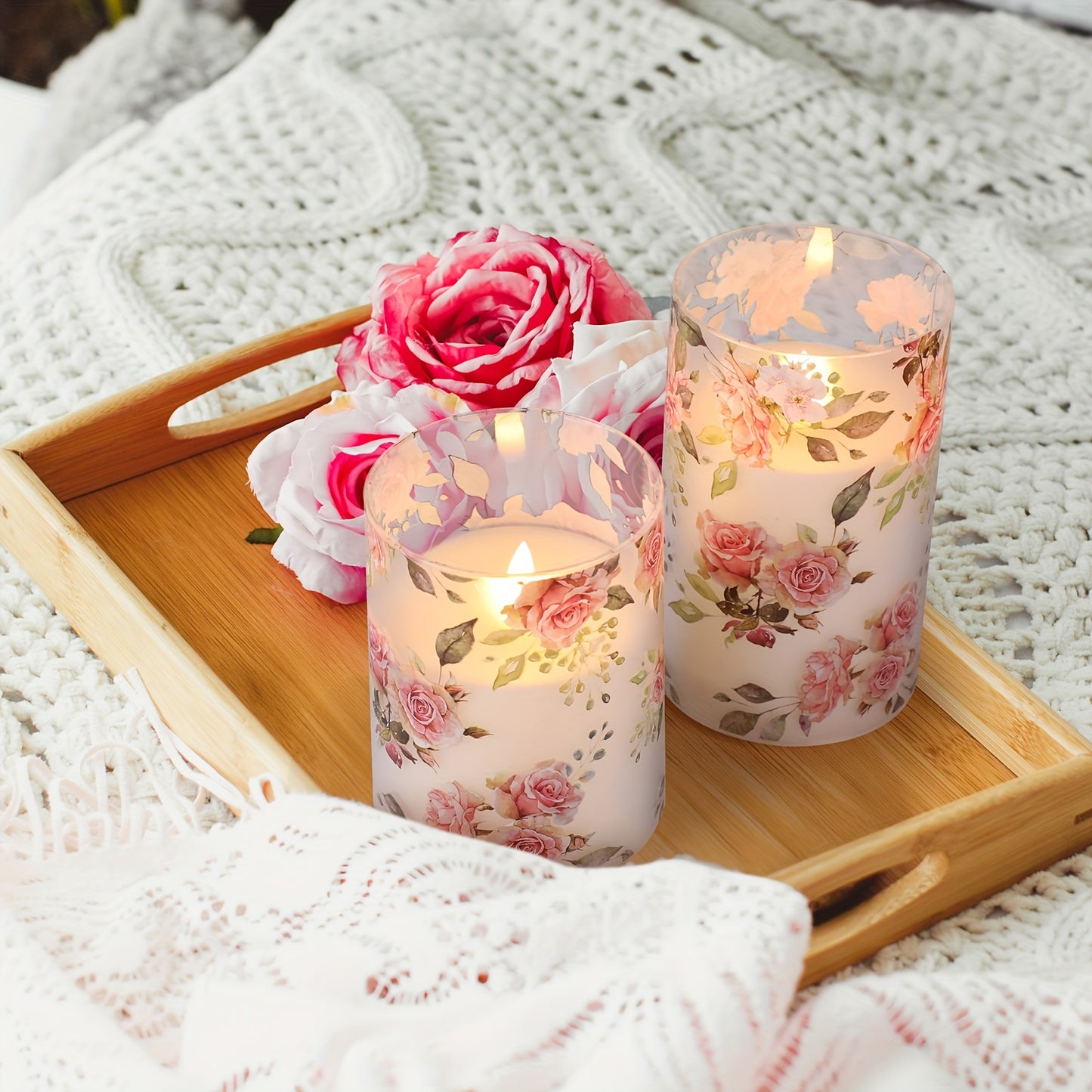 3pcs Pink Flameless Candle Lights With Remote Control And Timer, Rose Flower Flickering Plastic Candle Lights, Love Theme Decorative Battery LED Pillar Candles, Valentine'S Day Home Decor Candle Lights, Father'S Day Gift