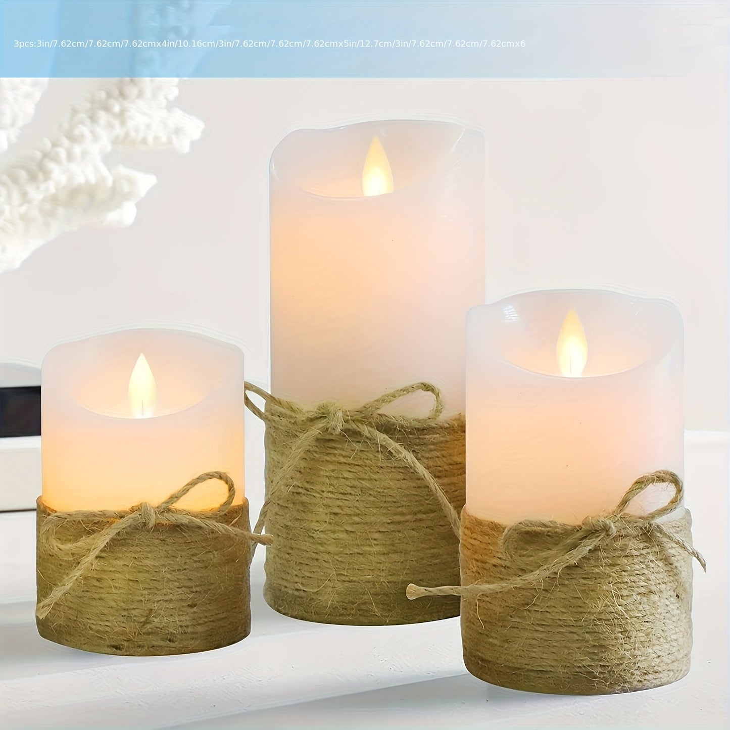 3pcs Set, Flameless Candles, Flickering LED Pillar Candles, with Remote Control, Battery-powered, with Hemp Rope, Suitable for Halloween, Home Bedrooms, Churches And Other Decorations