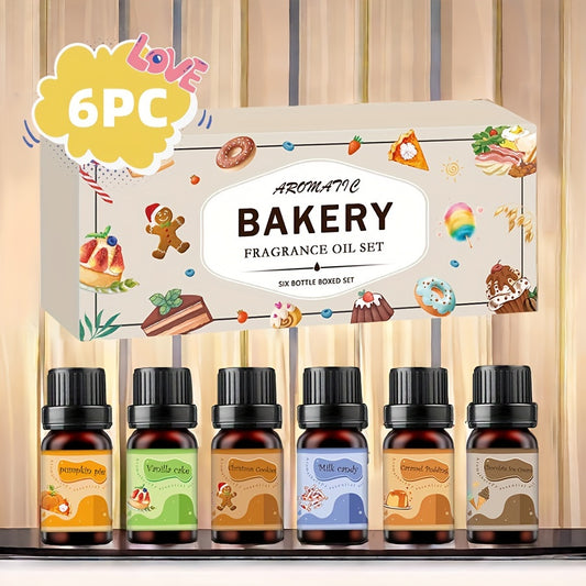 6-Piece Bakery Scented Essential Oil Set - 10ml Each, Aromatherapy Fragrance Oils for Diffusers, Candles, Humidifiers - Relaxing Scents Including Pumpkin Pie, Tiramisu, Vanilla Cake, and More