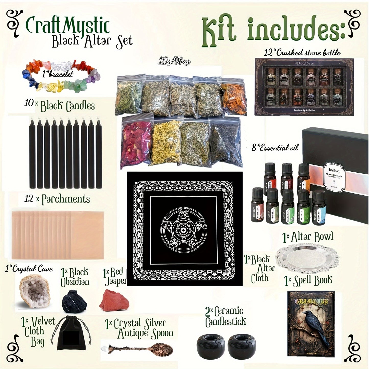 Witchcraft Supplies Wiccan Tools for Beginners - 62 Set Witchy Gifts Starter Kit Box - Crystals for Witchcraft Spell Jars Candles - Spiritual Altar Witch Stuff for Pagan Gothic Room Decor